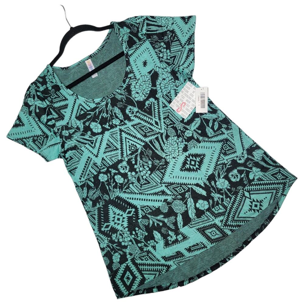 LuLaRoe Classic T Small Jacquard Black Teal Geometric Floral Short Sleeve Top